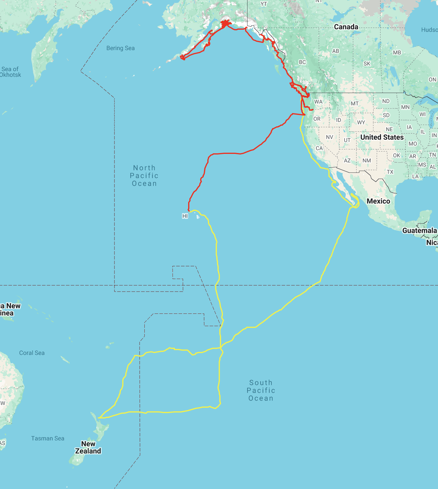 Map showing Mazu II's voyages across the Pacific